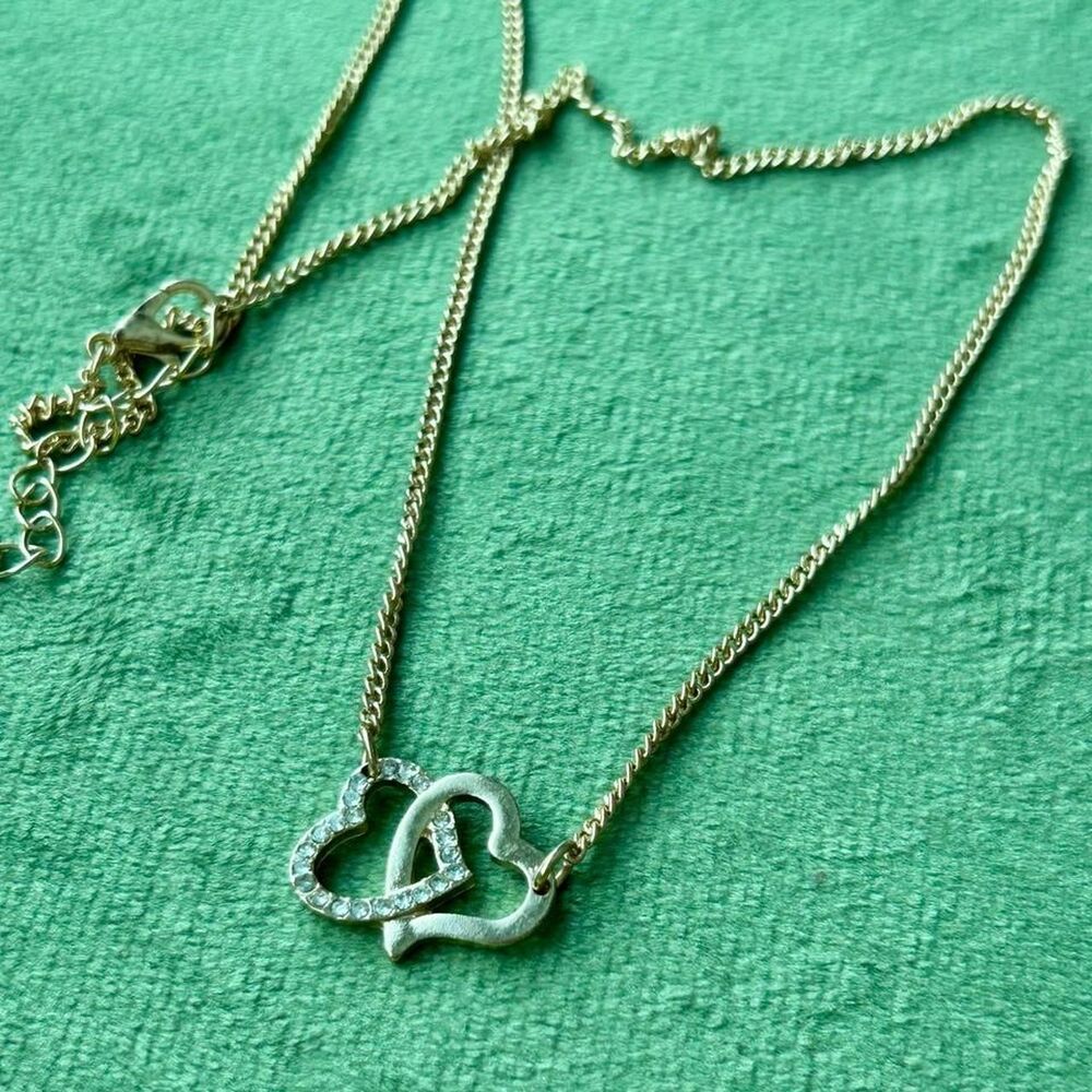 Gold Tone Interlocking Heart Rhinestone Necklace - Picture 3 of 8